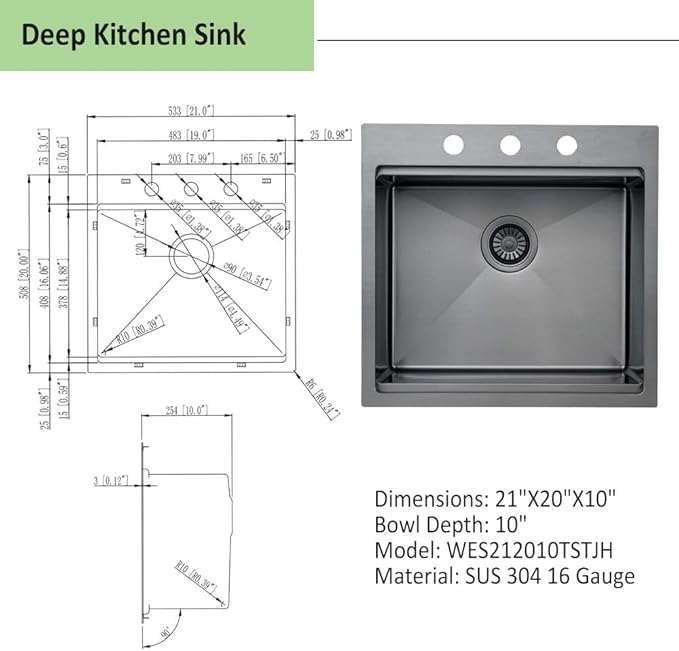 21 Inch Black Drop In Kitchen Sink Workstation -Wesliv 21x20 Inch Black Drop In Outdoor Bar Sink 16 Gauge Single Bowl Workstation RV Small Kitchen Bar Sink with Cutting Board