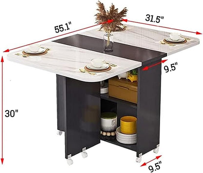 Wooden Folding Dining Table with Drop Leaf, Space-Saving Kitchen Island Table with Wheels, Hidden Storage(Beige,55.1inch)