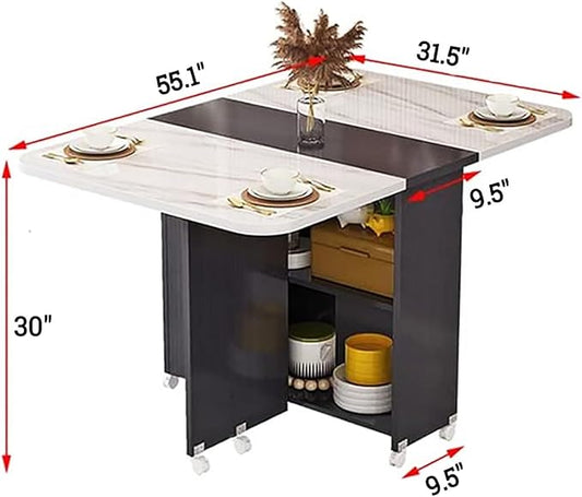 Wooden Folding Dining Table with Drop Leaf, Space-Saving Kitchen Island Table with Wheels, Hidden Storage(Beige,55.1inch)