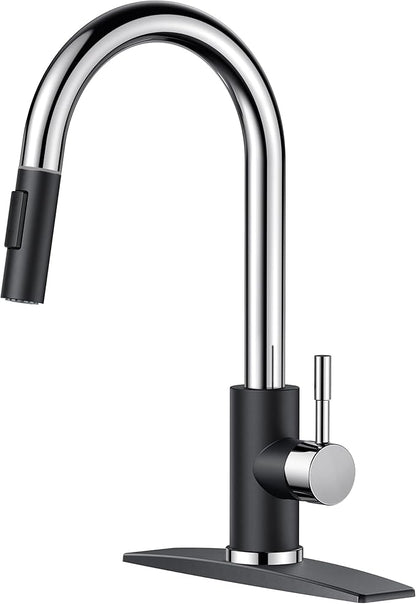 FORIOUS Kitchen Faucet with Pull Down Sprayer, High Arc Modern Classic Sink Faucet Stainless Steel with Deck Plate Fit for 1 or 3 Hole for Pot Filler Bar Farmhouse Laundry Rv, Black Chrome