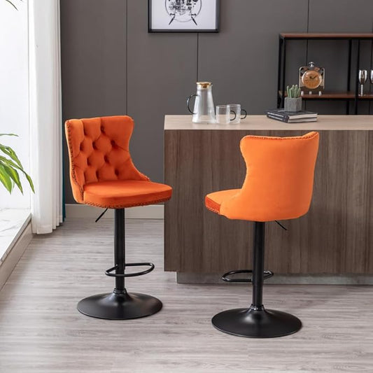 Premium Velvet Upholstered Swivel Bar Stool with Adjustable Height and Tufted Backrest for Kitchen Island, Home Bar, and Dining Space (Orange + Velvet + Foam)