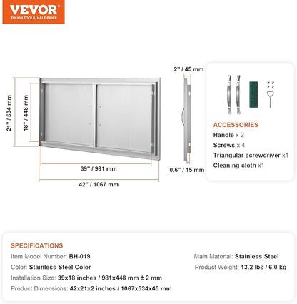 VEVOR BBQ Access Door, 42W x 21H Inch Double Outdoor Stainless Steel Flush Mount Door with Handles, for BBQ Island, Grilling Station, Outside Cabinet