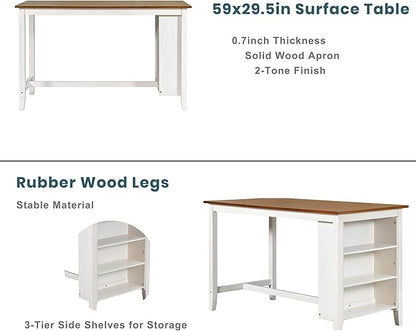 VilroCaz Farmhouse 5-Piece Dining Set, Compact Bar Pub Table With 3-Tier Shelf, Wooden Counter Height Table for 4, Perfect for Small Kitchen Dining Room (White-Chair+Stool)