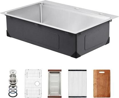 VEVOR Drop In Kitchen Sink 33 Inch Kitchen Sink Workstation, 304 Stainless Steel Top Mount Sinks, Drop-In Single Bowl with Ledge & Multiple Accessories Sink for RV, Prep Kitchen, Bar 33 x 22 x 9inch