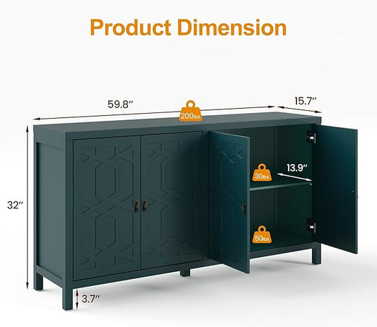 RoyalCraft Modern Sideboard Buffet Cabinet, 60'' Green Credenza with 4 Doors and Adjustable Shelves, Kitchen Buffet Table Coffee Bar Wine Bar Cabinet for Dining Room, Living Room, Forest Green