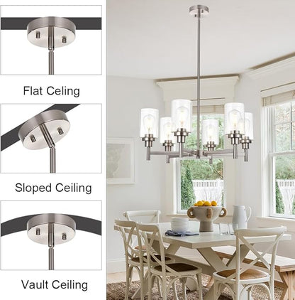 VINLUZ 6 Light Contemporary Chandelier Brushed Nickel Modern Pendant Lighting Cylinder Clear Glass Shaded Classic Ceiling Light Fixtures for Living Room Dining Room Kitchen