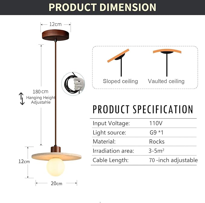 Japanese Wabi sabi Pendant Light with Natural Stone Shade, Dimmable Modern Wood Hanging Lamp Fixture, Adjustable Height Pendant Lamp for Bedroom, Kitchen Island, Dining Room, Restaurant, Cafe, Bar (M)