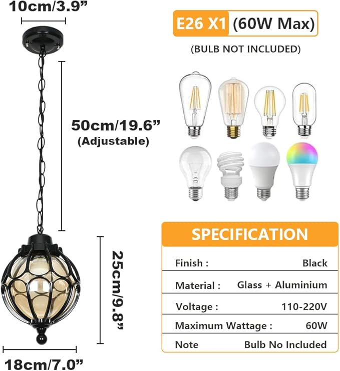 Outdoor Pendant Light Fixtures for Porch, Waterproof Exterior Lantern Glass Vintage Hanging Ceiling Light Retro Aluminum Outside Chandelier for Porch Patio Entryway Farmhouse (18cm/7",Black)