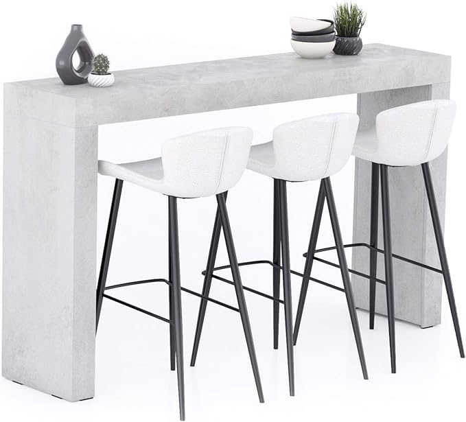 Mobili Fiver Evolution Tall Kitchen Bar Table Made in Italy | Space Saving, Counter Height Table for 3 | Modern Breakfast Bar Counter Top w/Cable Holder | Concrete Grey Effect | 70,9'' x 15,7" in