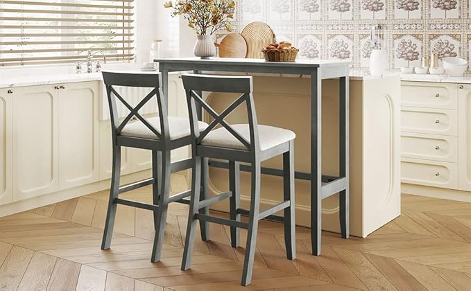 Farmhouse Dining Table Set,48" Rectangular Wood Bar Height Dining Set, Kitchen Breakfast Nook with 2 Upholstered Chairs for Small Places (Gray/N*Bar)