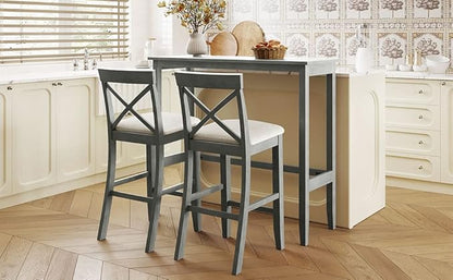 Farmhouse Dining Table Set,48" Rectangular Wood Bar Height Dining Set, Kitchen Breakfast Nook with 2 Upholstered Chairs for Small Places (Gray/N*Bar)