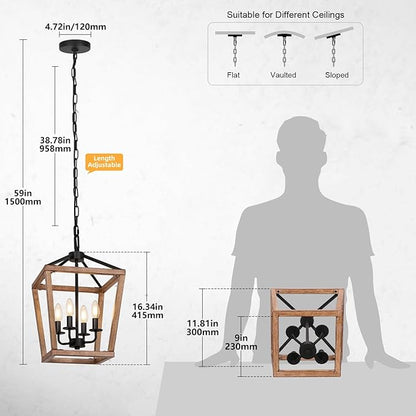 4 Light Farmhouse Chandelier, Lantern Ceiling Light Fixture with Brushed Rustic Wood Metal Cage and Adjustable Chain, E12 Base Geometric Hanging Lights for Dining Room Kitchen Island Entryway, Indoor