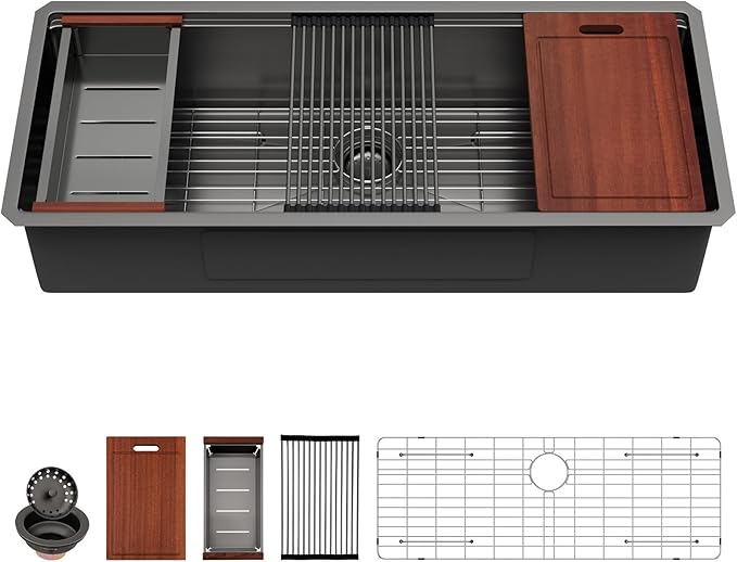 Sarlai 45 Black Undermount Kitchen Sink Workstation NANO-PVD Kitchen Sink with Ledge Round Corner 16 Gauge Stainless Steel Gunmetal Black Single Bowl Sinks Basin 45"x19"x10"