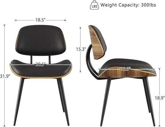 Mid Century Modern Dining Chairs Set of 6, PU Leather Armless Kitchen Chairs with Walnut Bentwood Back & Metal Legs, Sturdy Retro Accent Chairs for Dining Room, Living Room, Black