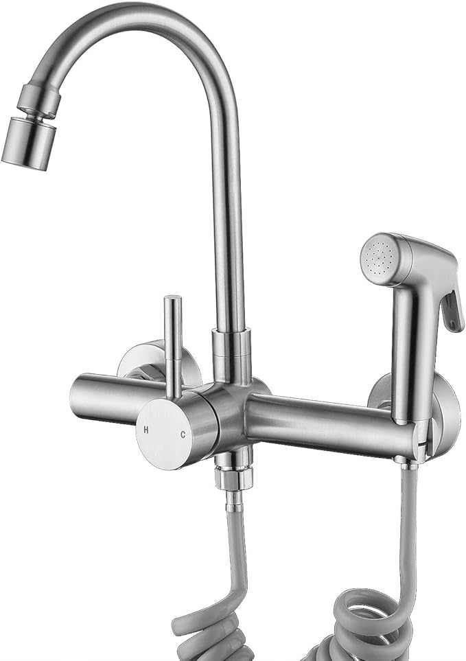 8" Center Wall Mount Kitchen Faucet with Side Sprayer, Brushed Nickle Stainless Steel Sink Mixer Tap, Lead-Free, 360° Swivel Spout