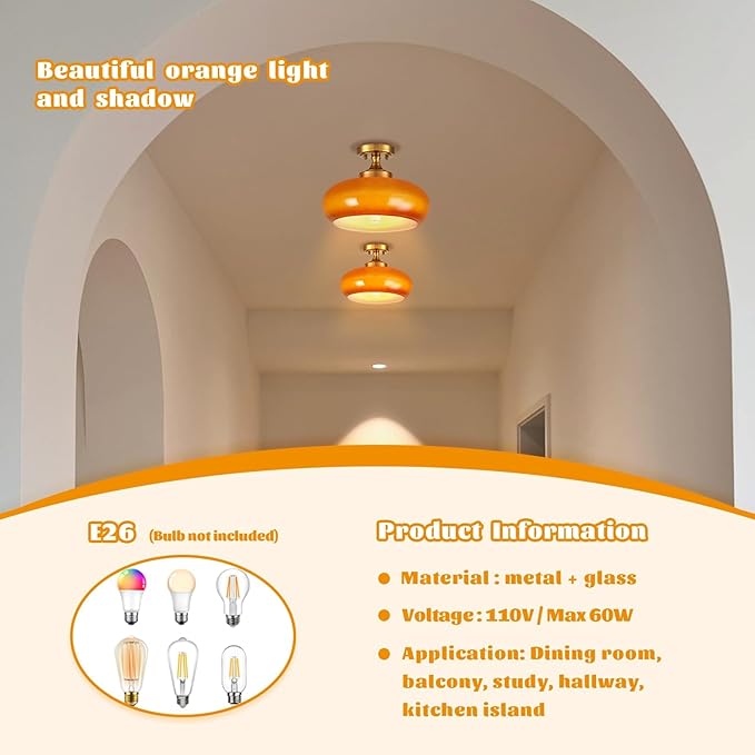 Vintage Glass Flush Mount Ceiling Light - 2 Pack Orange Light Fixture Ceiling Mount with Seeded Glass Vintage Design Rustic Ceiling Light Fixture for Closet Entryway Farmhouse