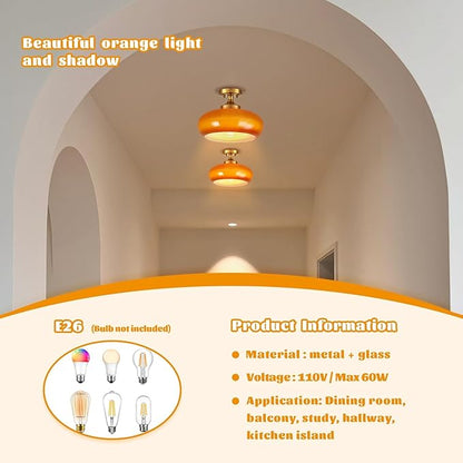 Vintage Glass Flush Mount Ceiling Light - 2 Pack Orange Light Fixture Ceiling Mount with Seeded Glass Vintage Design Rustic Ceiling Light Fixture for Closet Entryway Farmhouse