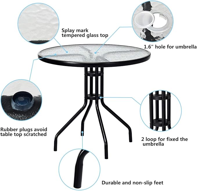 Tangkula 32” Outdoor Dining Table Round, Tempered Glass Top Steel Frame with 1.6 inch Umbrella Hole, All Weather Patio Side Table for Backyard Lawn Balcony Poolside or Garden