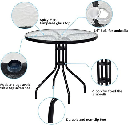 Tangkula 32” Outdoor Dining Table Round, Tempered Glass Top Steel Frame with 1.6 inch Umbrella Hole, All Weather Patio Side Table for Backyard Lawn Balcony Poolside or Garden