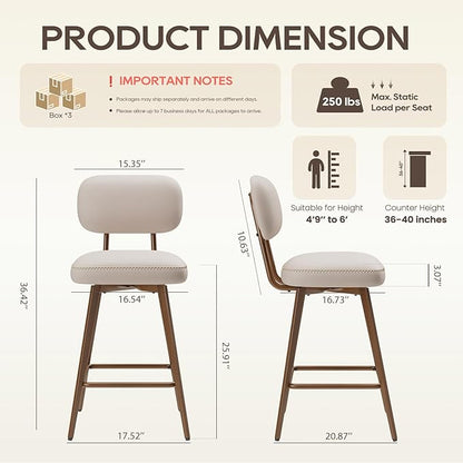 MALOL 26“ Swivel Bar Stools Set of 6, Mid Century PU Leather Counter Height Bar Chairs with Low Back and Metal Legs, Modern Bar Stool Chair for Kitchen Island, Beige