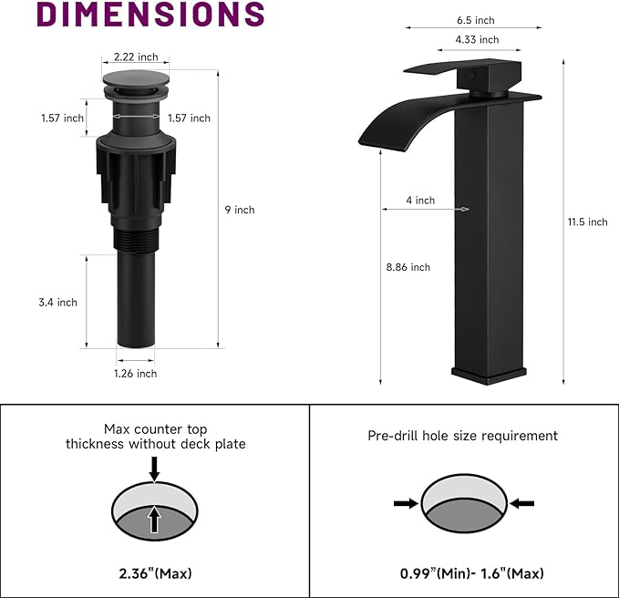 Vessel Sink Faucet Waterfall Bathroom Faucet Matte Black Stainless Steel Tall Single Handle One Hole Deck Mount Bowl Vanity Sink Faucet with Pop-up Drain Stopper