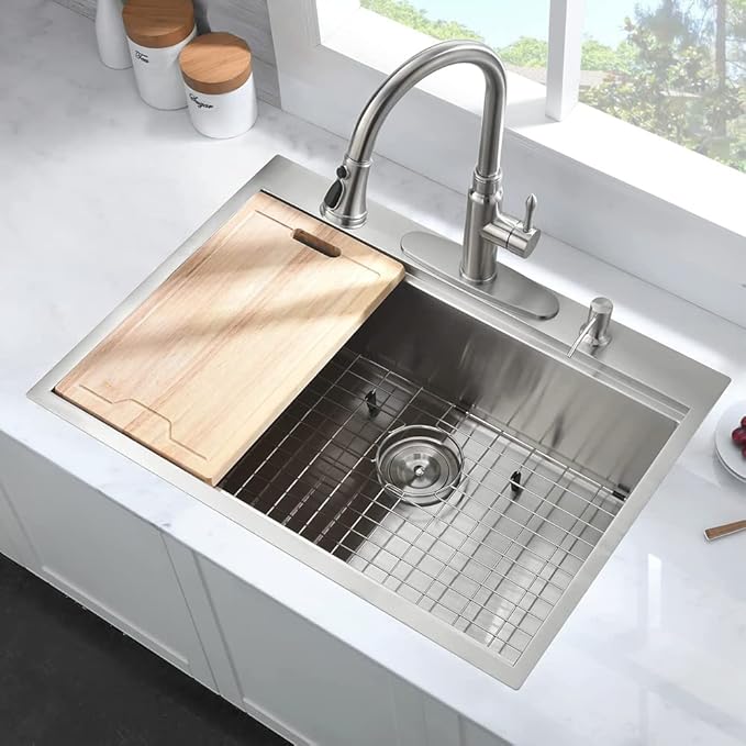 30 Inch Drop In Kitchen Sink, 30x22 Single Bowl Stainless Steel Kitchen Sink Drop in Workstation 16 Gauge Handmade with Cutting Board
