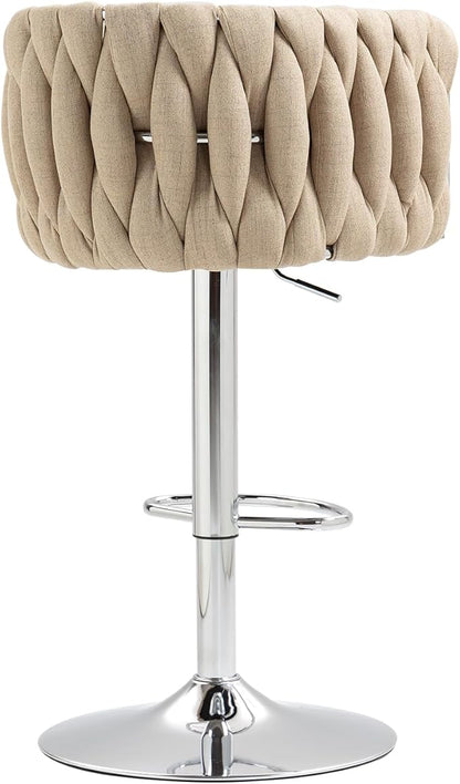 360° Fabric Cover Swivel Bar Stools Set of 2, Adjustable Counter Height Bar Chairs with Woven Back Footrest, Silver Chromed Bar Stools for Kitchen Island, Cafe, Pub (Yellow)