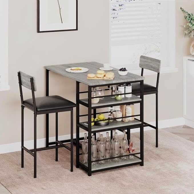 Dining Table Set, with 2 Upholstered Bar Stools, Counter Height Kitchen Table Set with 3 Large Storage Shelves, Modern Bistro Furniture, for Small Space, Apartment, Grey