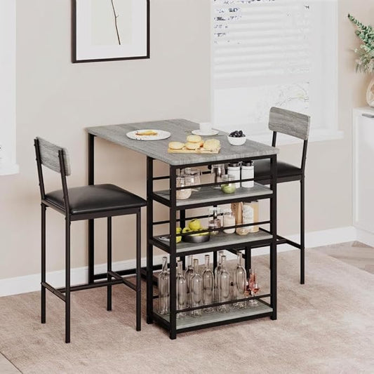 Dining Table Set, with 2 Upholstered Bar Stools, Counter Height Kitchen Table Set with 3 Large Storage Shelves, Modern Bistro Furniture, for Small Space, Apartment, Grey