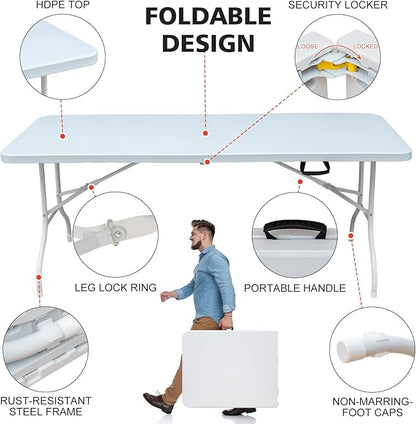 Portable 6Ft Plastic Folding Table, Heavy Duty 6ft Fold-in-Half Table with Carrying Handle, 6' Folding Utility Foldable Table for Picnic Party Camping Kitchen, Indoor/Outdoor (White)