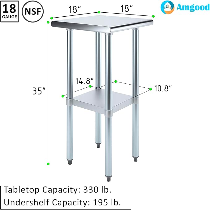 AmGood Stainless Steel Work Table with Undershelf | Kitchen Island Food Prep | Laundry Garage Utility Bench | NSF Certified (18" Long x 18" Deep)