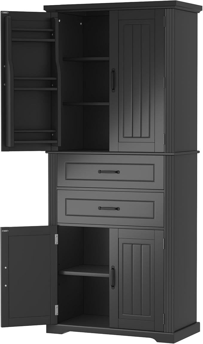 Merax 72.5" Tall Kitchen Pantry Storage Cabinet, Farmhouse Freestanding Large Cupboard with Two Drawers, Bathroom Cabinet with Adjustable Shelves, 6 Door-Shelf for Dining Room, Black