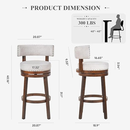 COLAMY Swivel Bar Stool, 30 Inch Swivel Counter Height Bar Chair, Wood Modern Upholstered Barstools with Back for Kitchen Island Dining Room, Beige
