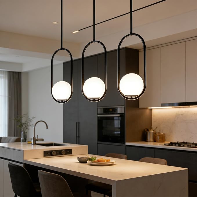 Modern Pendant Light with Opal Glass Globe, Milk Glass Globe Pendant Light for Kitchen Island, Adjustable Height Hardwired Ceiling Fixture for Dining Room, Bedroom, Hallway (2Pack, Black)