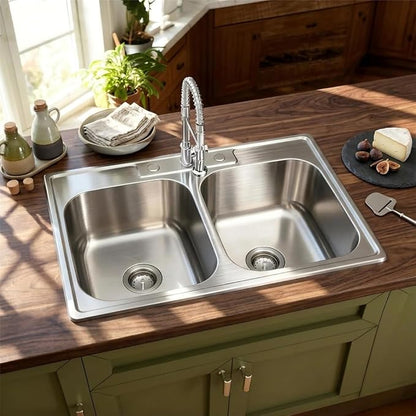 Kitsitchen 33x22-Inch Drop-in Stainless Steel 50/50 Double Bowl Kitchen Sink with Strainer, Top Mount Double Bowl Kitchen Sinks with 3 holes (33" X 22"X 9")