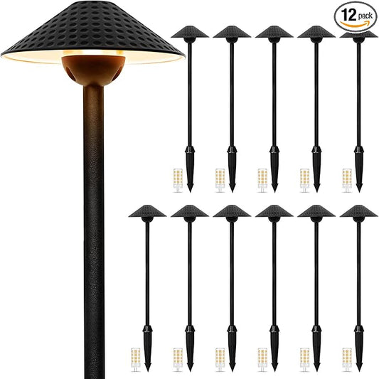 Gardencoin Low Voltage Pathway Lights (6.69'' Shade, 21.54'' Tall) 12V Outdoor LED Landscape Pathway Lighting Aluminum Vintage Hammered Path Lights with 4W 2700K Replaceable Bulb, 12 Pack