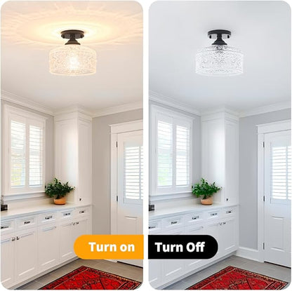 Daunton Small Semi Flush Mount Ceiling Light Fixture, Vintage Matte Black Close to Ceiling Lighting with Etched Glass Shade for Hallway, Kitchen, Entryway (Retro Design, Easy Install)