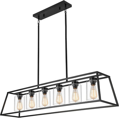 Rectangle Chandeliers for Dining Room | 6-Lights Black Dining Room Light Fixture with Clear Glass Shade | Apply to Kitchen Chandeliers Over Table