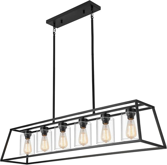 Rectangle Chandeliers for Dining Room | 6-Lights Black Dining Room Light Fixture with Clear Glass Shade | Apply to Kitchen Chandeliers Over Table