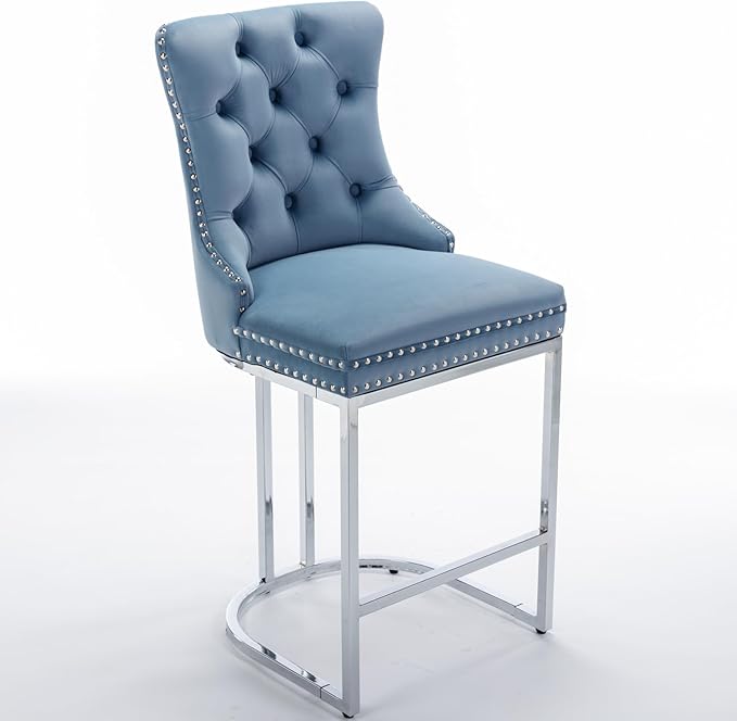 26" Counter Height Bar Stools Set of 2, Velvet Bar stools with Button BackRivet Trim Upholstered Kitchen Island Chairs with Sturdy Chromed Metal Base Legs Bar Stools,Light Blue,2 Pack