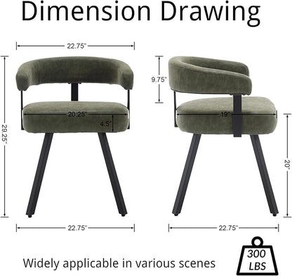Modern Barrel Dining Chairs Set of 4, Green PU Leather Upholstered Dining Room Chairs with Arms, Comfy Kitchen Chairs with Black Metal Legs for Dinner Living Room