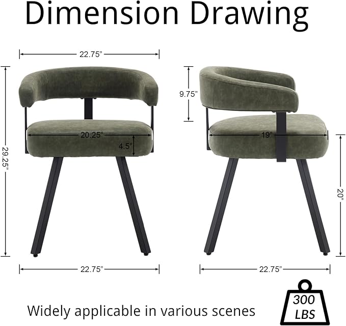 Modern Barrel Dining Chairs Set of 6, Green PU Leather Upholstered Dining Room Chairs with Arms, Comfy Kitchen Chairs with Black Metal Legs for Dinner Living Room