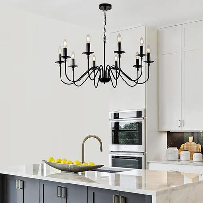 Black Farmhouse Chandeliers, 10 Light S-Arm Modern Candle Hanging Pendant Light, Industrial Rustic Metal Ceiling Kitchen Island Lights for Living Room, Entryway, Foyer, Bedroom, Dining Room