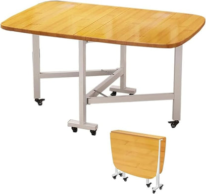 Folding Dining Room Table for 4/8 with 47.2in Extra Wide Space Saving Drop Leaf Table with Lockable Wheels, Heavy Duty Eco Solid Wood Top 220lb, Solid Wooden Foldable Kitchen Table, Easy Assembly(Natu