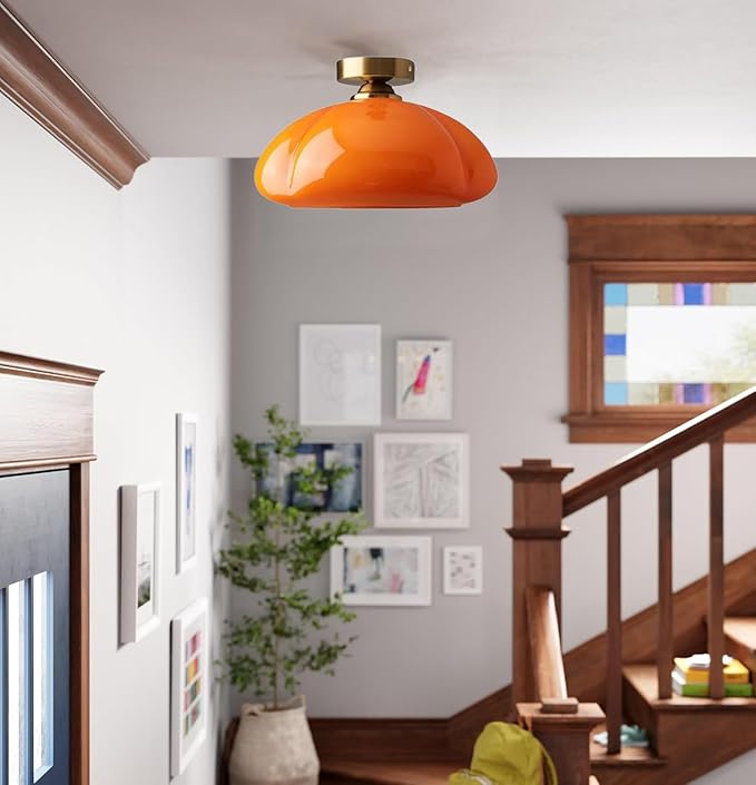 Bofea-Mid Century Modern Orange Milk Glass Ceiling Light,Vintage Gold Semi Flush Mount Ceiling Light with Orange Glass,11.8 in Small Hallway Lights,Farmhouse Semi Flush Lights for Bedroom,Foyer