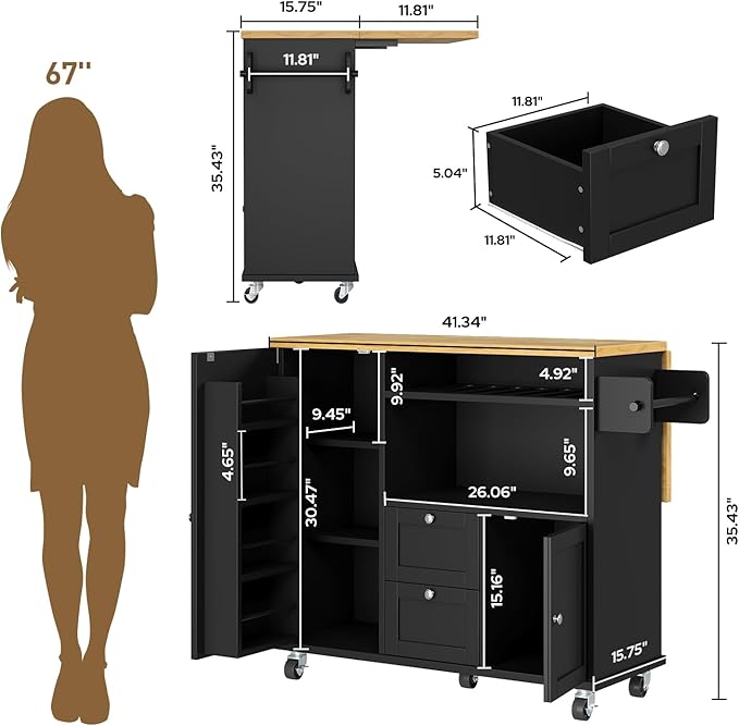 Rolling Kitchen Island with Storage Cabinet, 41.3'' Width Kitchen Cart with Desktop Drop Leaf Countertop, Portable Mobile Island with Towel Rack, Spice Rack Shelf and Lockable Wheels, Black