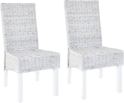 Kubu Rattan and Mango Wood Dining Chairs Set of 2, Light Brown Farmhouse Kitchen Chairs with Handwoven Seat, White Wash Legs for Modern Dining Room Furniture