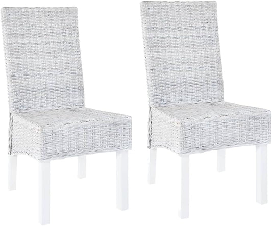 Kubu Rattan and Mango Wood Dining Chairs Set of 2, Light Brown Farmhouse Kitchen Chairs with Handwoven Seat, White Wash Legs for Modern Dining Room Furniture