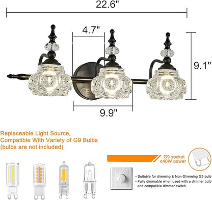 Vintage Bathroom Vanity Light Fixture, 3 Lights Bathroom Lighting Painted Black Surface with Thick Crystal Glass Shade, Vintage Vanity Light for Bedroom Living Room