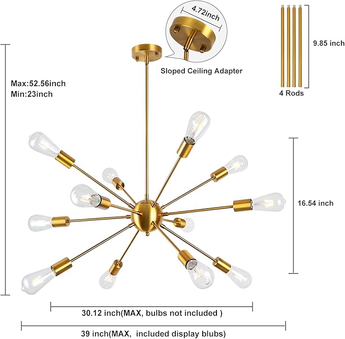 LynPon Gold Sputnik Chandeliers, 12 Lights Mid Century Modern Sputnik Chandeliers Gold Chandelier Light Fixture for Dining Room Living Room Ceiling Light Fixture for Entryway Foyer Kitchen Bedroom